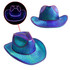 Light up cowboy hats in vibrant shades of blue and green, featuring illuminated edges and a glossy finish.