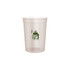 A translucent plastic stadium cup in clear, featuring a graphic design and a logo.