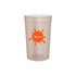 A translucent plastic stadium cup in beige with a logo featuring an orange splash and the word "Sports."