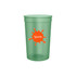 A translucent green plastic stadium cup with a logo featuring an orange splash and the word "Sports."