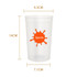 A translucent plastic stadium cup in clear with an orange splash design. Measures 14cm in height and 9.3cm in diameter.