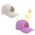 A colour changing baseball cap in white that transforms to pink in sunlight, featuring a logo on the front.