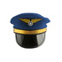 A blue pilot cap featuring a gold winged insignia and a black visor, with a gold band around the base.