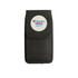 A black phone pouch with a belt clip and a circular logo featuring text.