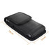 A black phone pouch with a belt clip, measuring 18 cm by 10 cm, featuring a textured fabric surface.