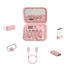 A pink charging data cable kit includes various connectors and a mirror inside a compact case.