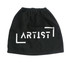 A black boot cover with an elasticated top and a printed logo in white.