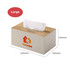 A large tissue box with a light beige fabric exterior and wooden top, featuring a logo. Dimensions are listed.