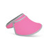 A pink visor hat with a grey trim, featuring a logo and designed for sun protection.