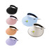 Wide brim sun visor hats in black, pink, peach, purple, and white, featuring a logo on each.