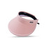 A pink wide brim sun visor hat with a black adjustable strap and a logo on the side.