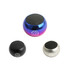 Three Mini Bass Wireless Speakers in blue, black, and silver. Each has a mesh top and a logo on the front.