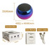 A round, mini Bluetooth speaker in a shiny blue finish, accompanied by a USB-C cable and user manual in a standard box.