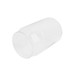 A clear, can-shaped glass cup with a smooth surface and a rounded base. It has a subtle logo on the bottom.