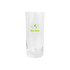 A clear beer glass with a simple logo featuring green leaves and text.