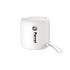 A portable waterproof Bluetooth speaker in white, featuring a logo and a convenient handle for easy carrying.