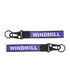 A purple Jacquard keyring featuring a black clip and two keyring loops. It has a branding element.
