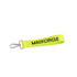 A bright yellow keyring strap with a metal clip, featuring a logo.