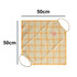 A yellow and orange checkered lunch box bag measuring 50cm by 50cm with handles and a logo.