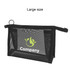 A large triangular cosmetic bag in black mesh featuring one logo on the front. The bag has multiple compartments.