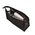 A black nylon mesh triangular cosmetic bag containing various bottles. The bag has a zip closure and a logo.
