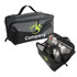 A large capacity black nylon mesh cosmetic bag with various bottles and containers inside. It features a logo.