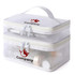 A white nylon mesh double-layer cosmetic bag with zippers and a handle, featuring a logo.