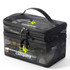 A black double-layer cosmetic bag with a mesh design, featuring a handle and zippered compartments.