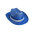 A blue sequin cowboy hat with a mesh design and a white band featuring a logo.