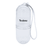 A clear, cylindrical pill tube with a white strap and a logo on the front.