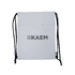 A white drawstring bag featuring black straps and a branding logo on the front.