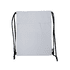 A white drawstring bag with black straps, featuring a zippered pocket and a logo.