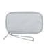 A grey carrying case with a zip closure and a wrist strap, featuring a logo.