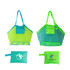 A mesh beach toy bag in bright blue and neon green, featuring a pocket and a logo on one side.