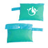 A green and blue mesh beach toy bag with a logo, featuring a zippered closure and a handle for easy carrying.
