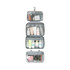A large capacity hanging toiletry bag in grey, featuring multiple transparent compartments filled with various toiletries.