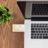 A credit card-sized Type-C flash drive in white connected to a laptop on a wooden desk with a small plant.