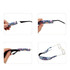 A glasses retainer in blue with playful designs, featuring a hand inserting glasses into the retainer.