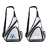 A clear PVC sling bag with black accents and mesh detailing, featuring two different logos on either side.