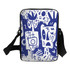 A blue sublimation cross body bag featuring abstract white designs and a shoulder strap. It has a logo.