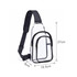 A clear PVC crossbody backpack with a black trim, featuring one zippered front pocket and adjustable straps.