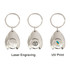 A silver teardrop keyring with a coin holder, featuring three different designs and a logo on each.
