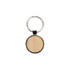 A round wooden keyring with a silver metal rim and keychain attachment, featuring a natural wood finish.