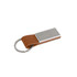 A brown PU leather keyring with a rectangular metal tag and a keyring attachment. Features a logo.