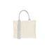 A horizontal canvas tote bag in cream with grey handles. The bag has a simple design and includes a logo.