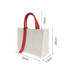 A horizontal canvas tote bag in cream with red handles, featuring dimensions of 32cm x 16cm x 25cm.