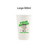 A large, white, compostable paper cup designed for beverages, featuring a logo and playful graphics.