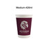 A maroon paper cup with a white interior and a logo featuring an eagle design.