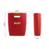 A red felt tote bag with a brown leather handle and a logo. Dimensions are 32cm wide and 34cm tall.