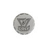 A silver golf ball marker featuring a engraved hand placing a golf ball, with a triangular design and a logo.